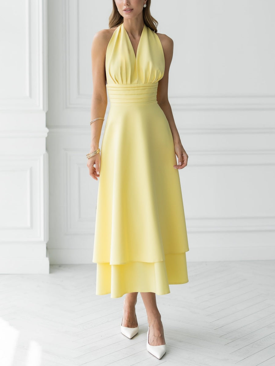 Yellow Open-Back Halter-Neck Midi Dress