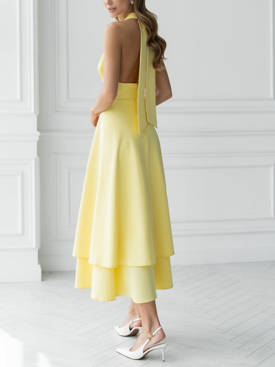 Yellow Open-Back Halter-Neck Midi Dress