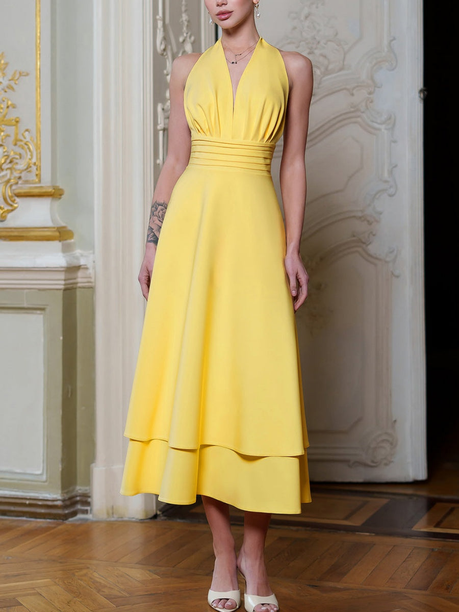 Yellow Open-Back Halter-Neck Midi Dress