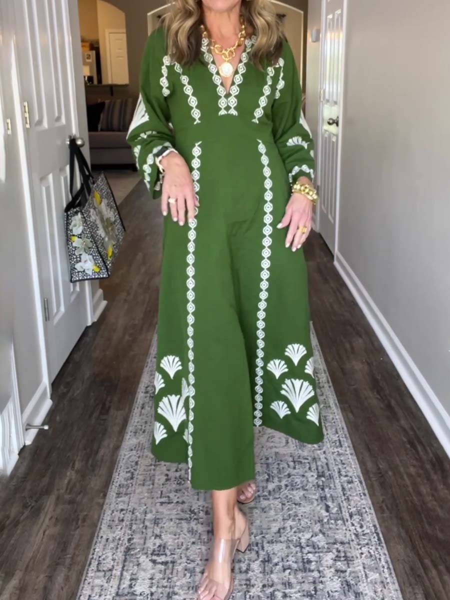 Placement Print V Neck Loose Dress