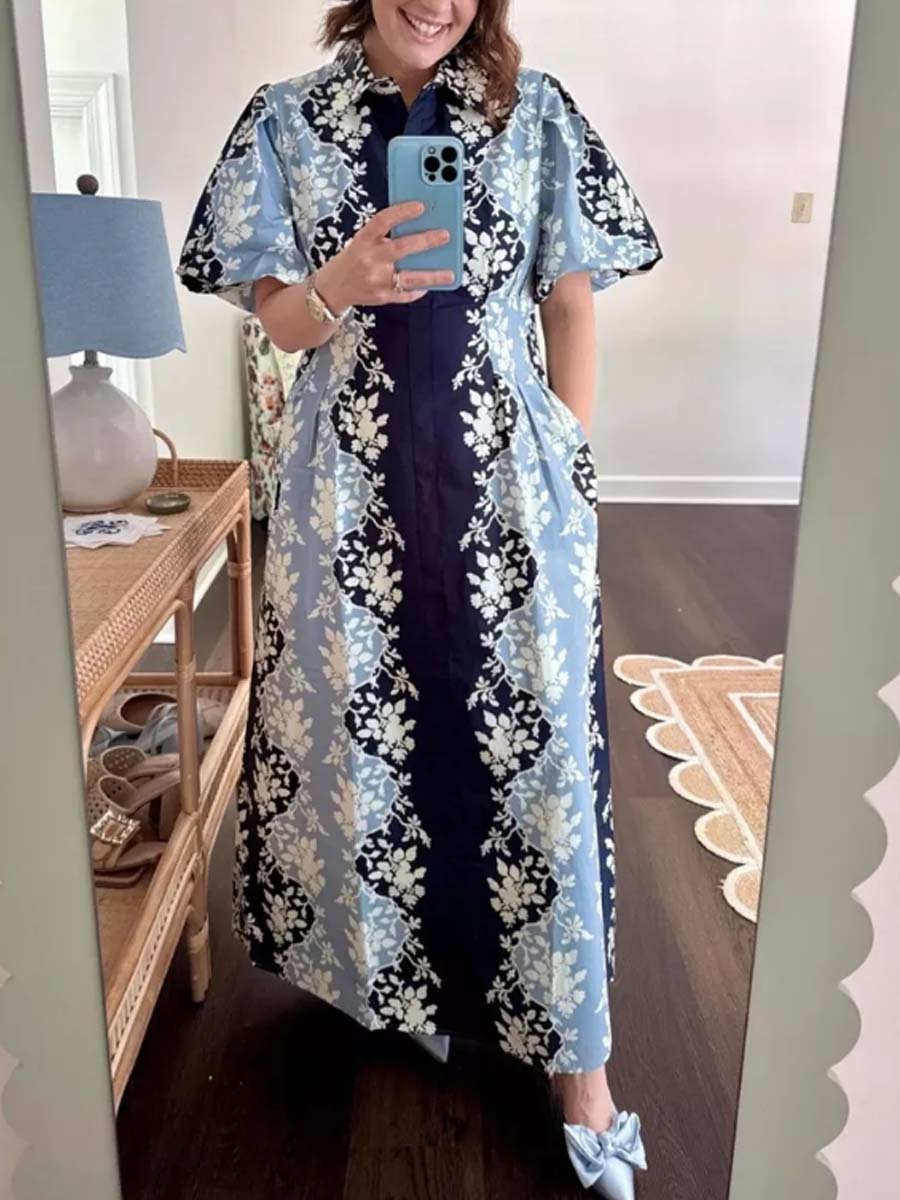 Blue Short Puff Sleeve Dress