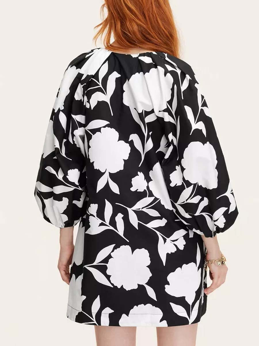 Printed V Neck Long Sleeve Mini Dress