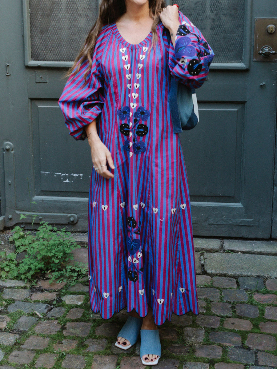 Printed Stripes V Neck Loose Maxi Dress