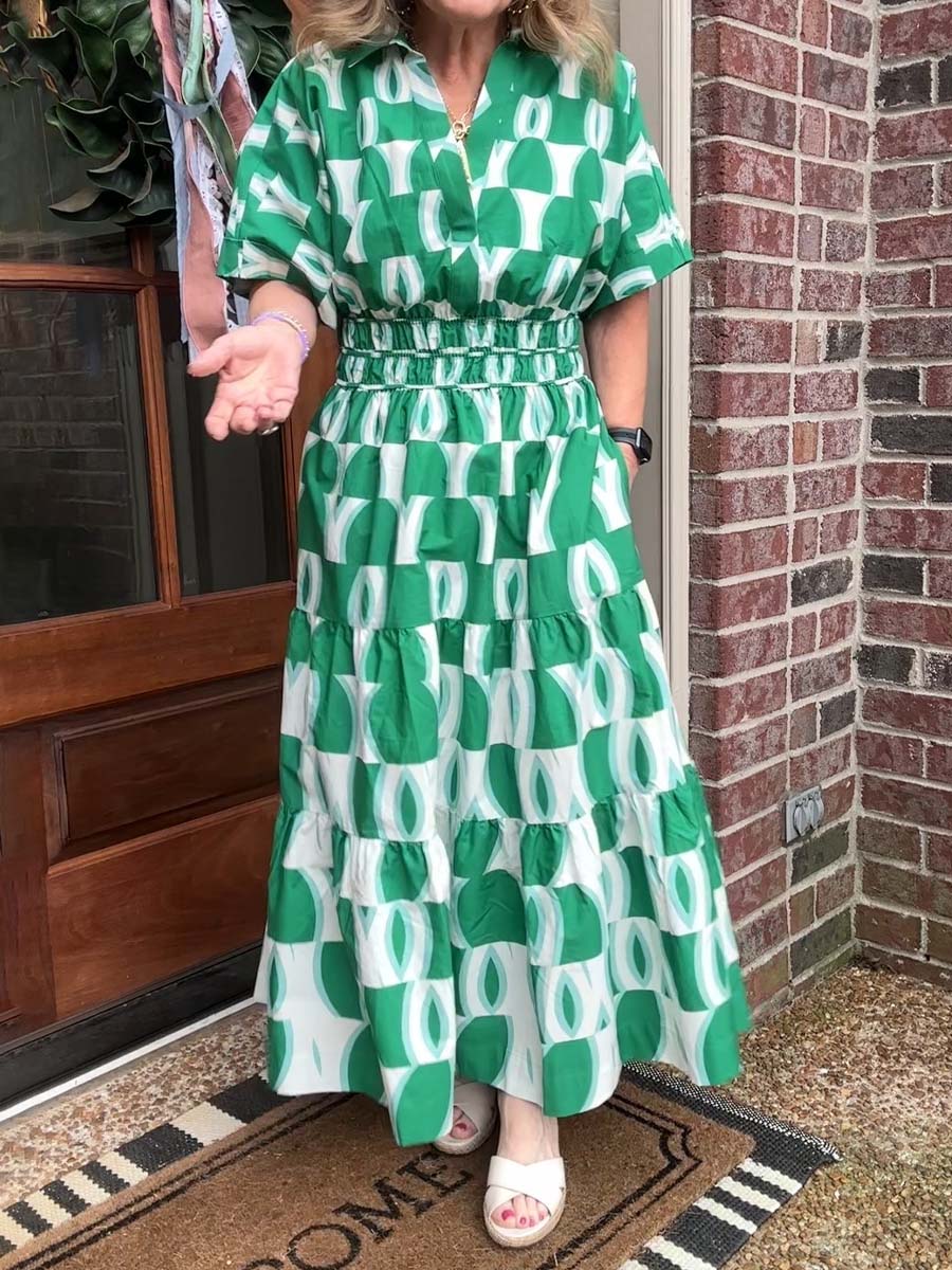 Printed V-neck Smocked Waist Maxi Dress