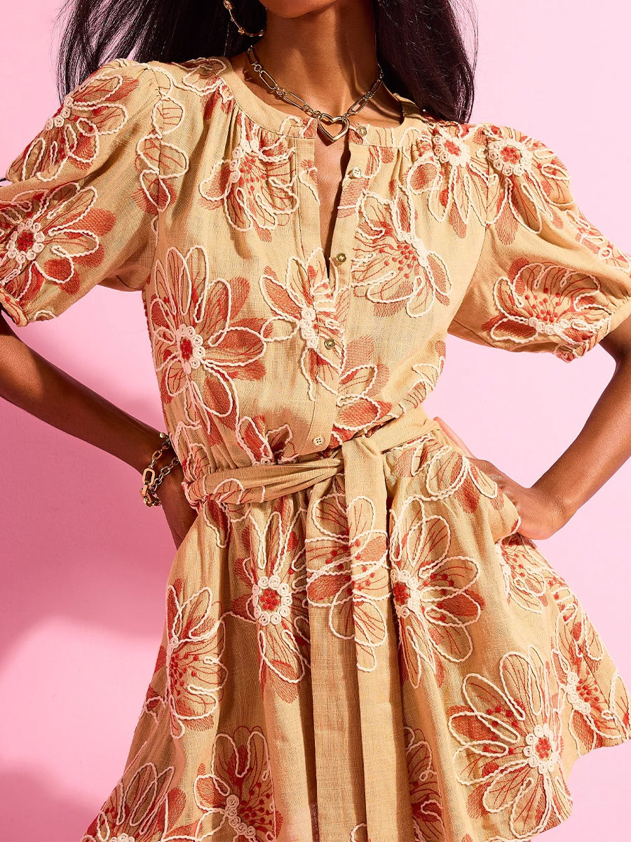 Embroidered Short Sleeve Belted Mini Dress