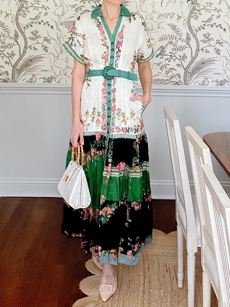 Floral Print Pintucked Waist Maxi Dress
