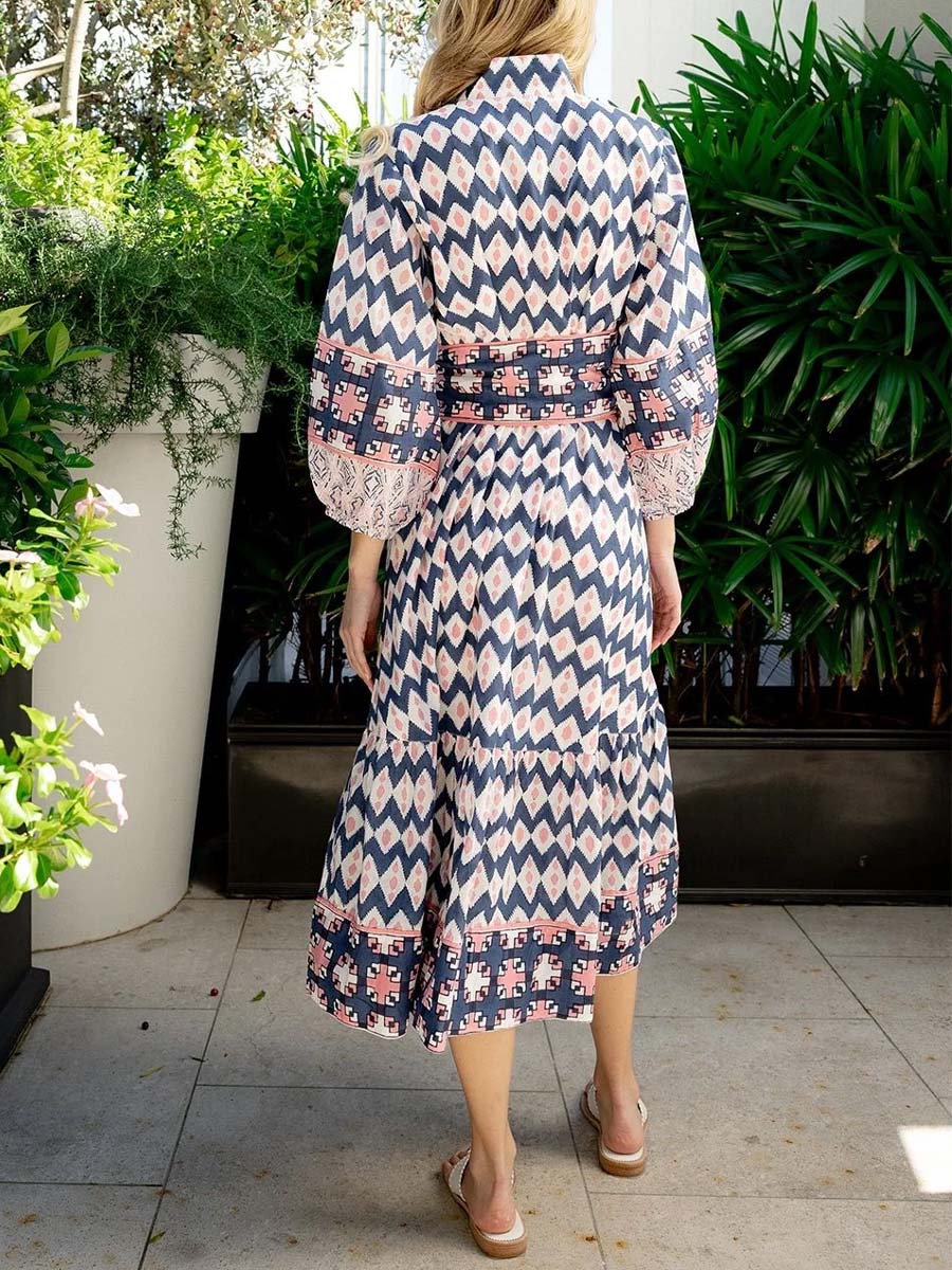 Printed Long Sleeve Belted Maxi Dress