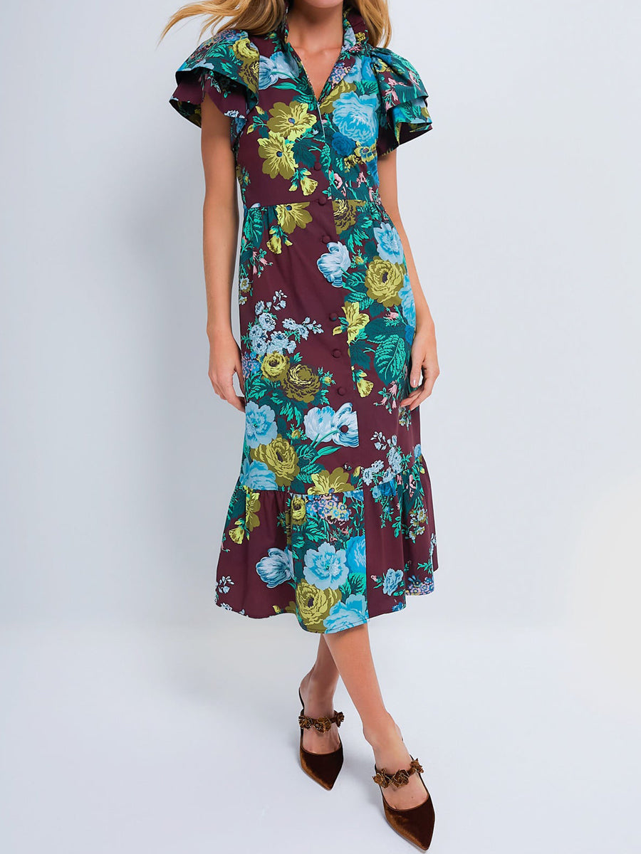 Ruffle Hem Short Ruffle Sleeve Midi Dress