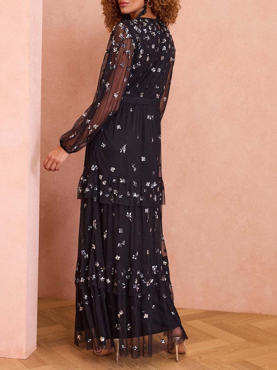 Black Sequin Mesh Polka Dot Tiered Midi Dress
