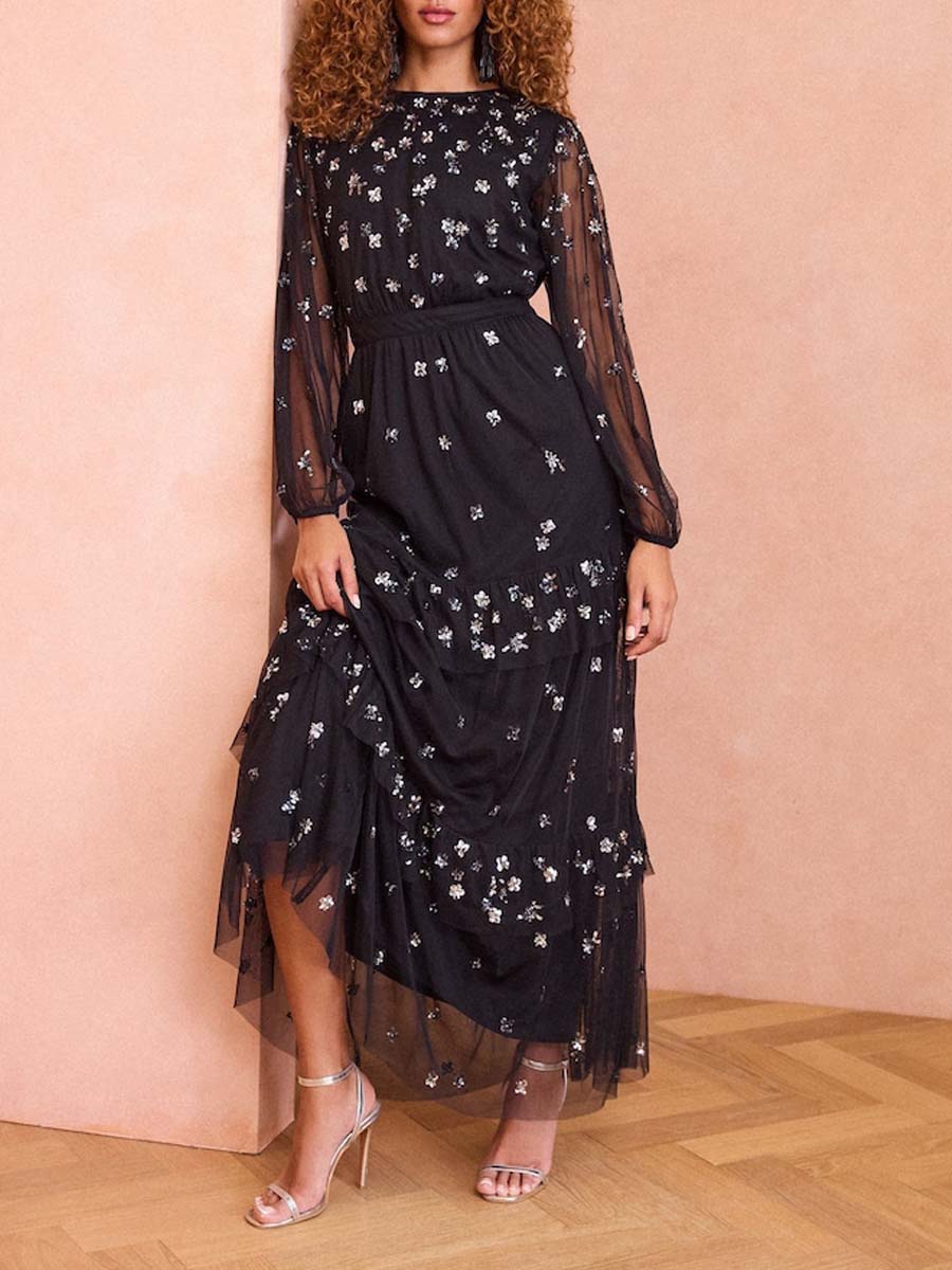 Black Sequin Mesh Polka Dot Tiered Midi Dress