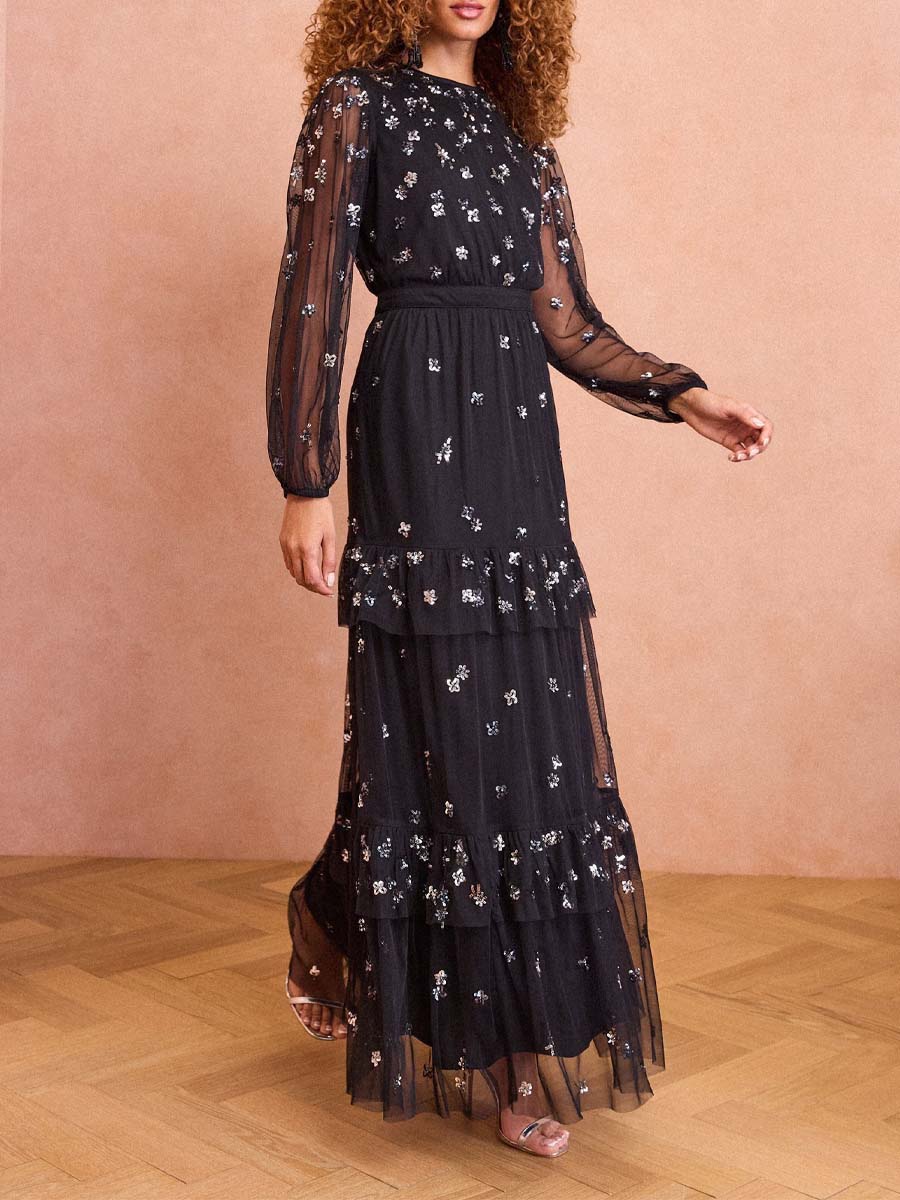 Black Sequin Mesh Polka Dot Tiered Midi Dress