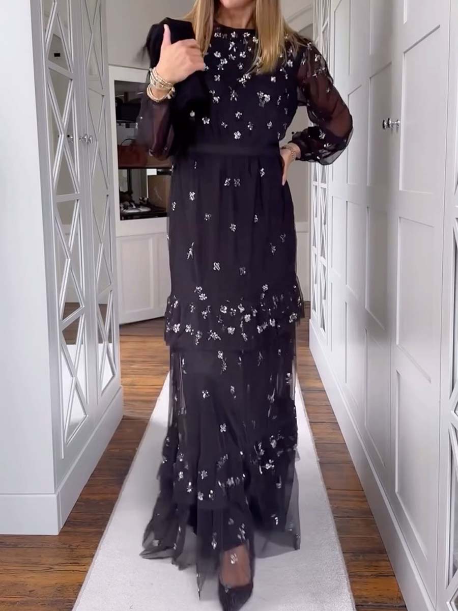 Black Sequin Mesh Polka Dot Tiered Midi Dress