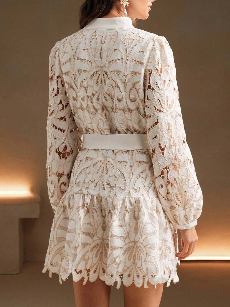 Hollow-Out Lace Embroidered Tie-Waist Dress