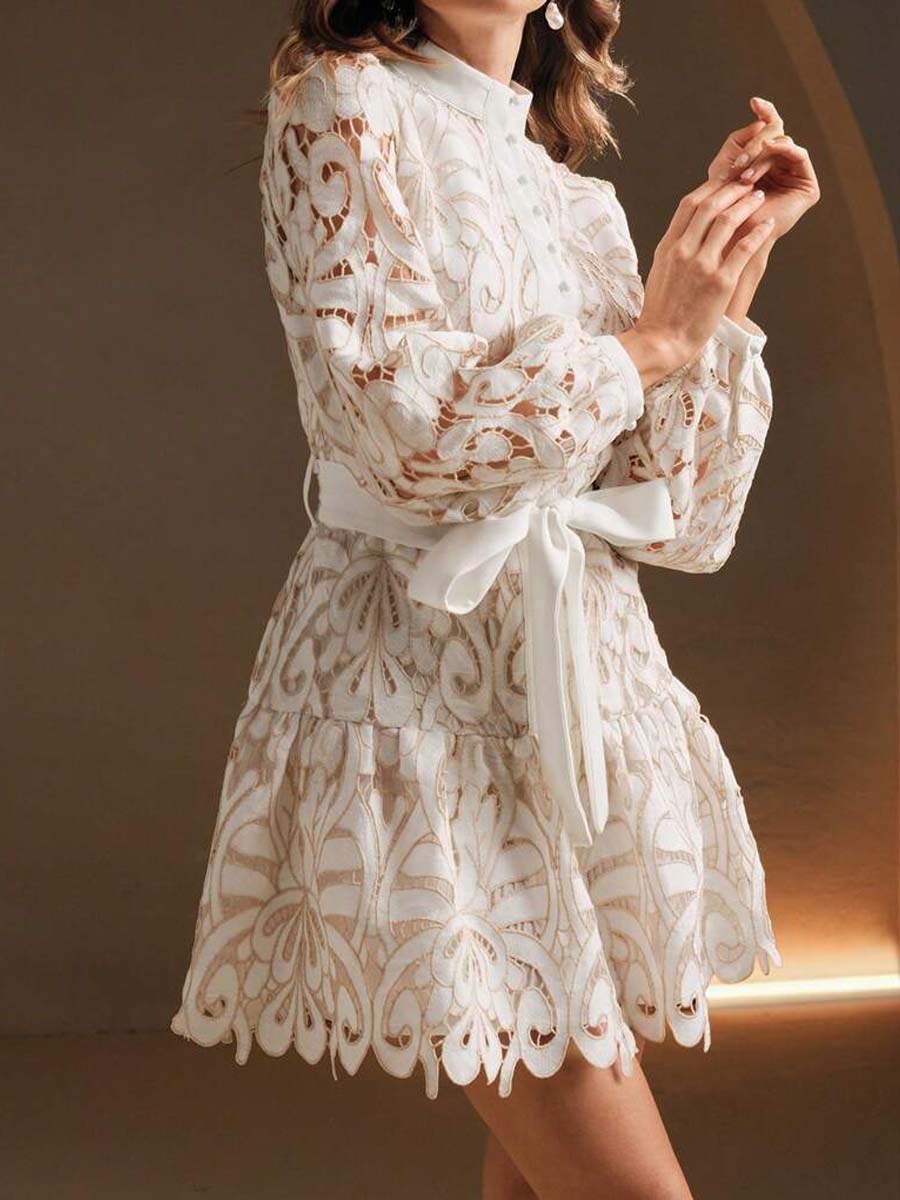 Hollow-Out Lace Embroidered Tie-Waist Dress