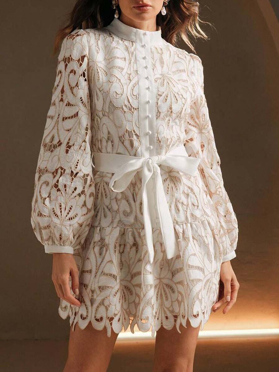 Hollow-Out Lace Embroidered Tie-Waist Dress