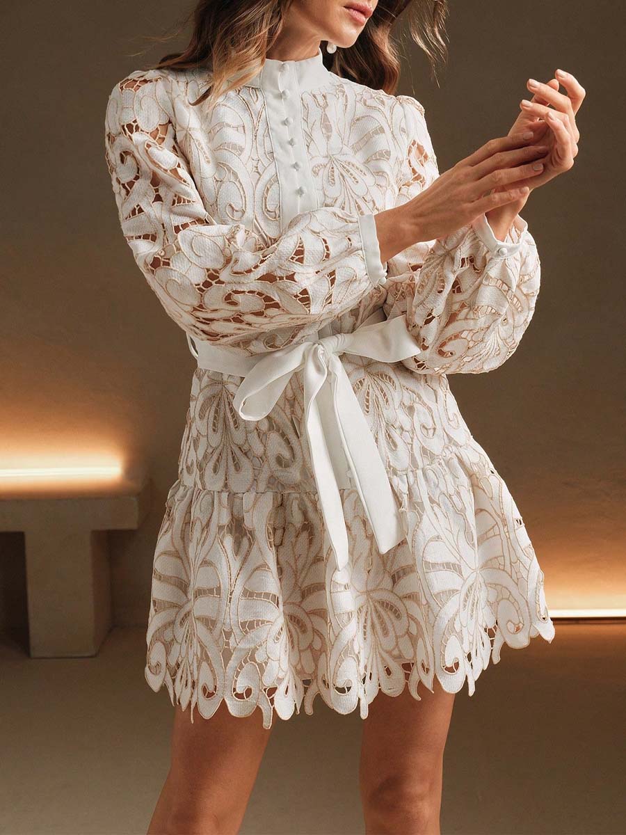 Hollow-Out Lace Embroidered Tie-Waist Dress
