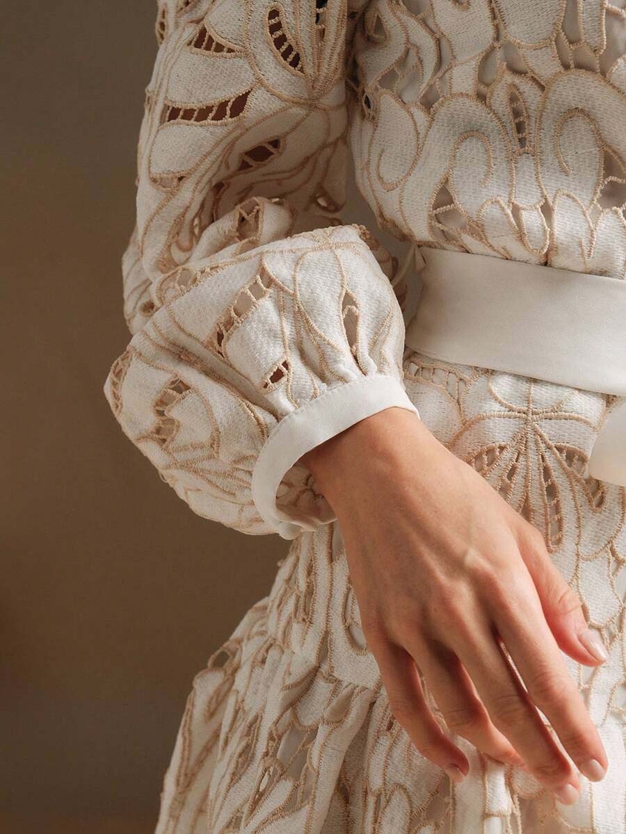 Hollow-Out Lace Embroidered Tie-Waist Dress