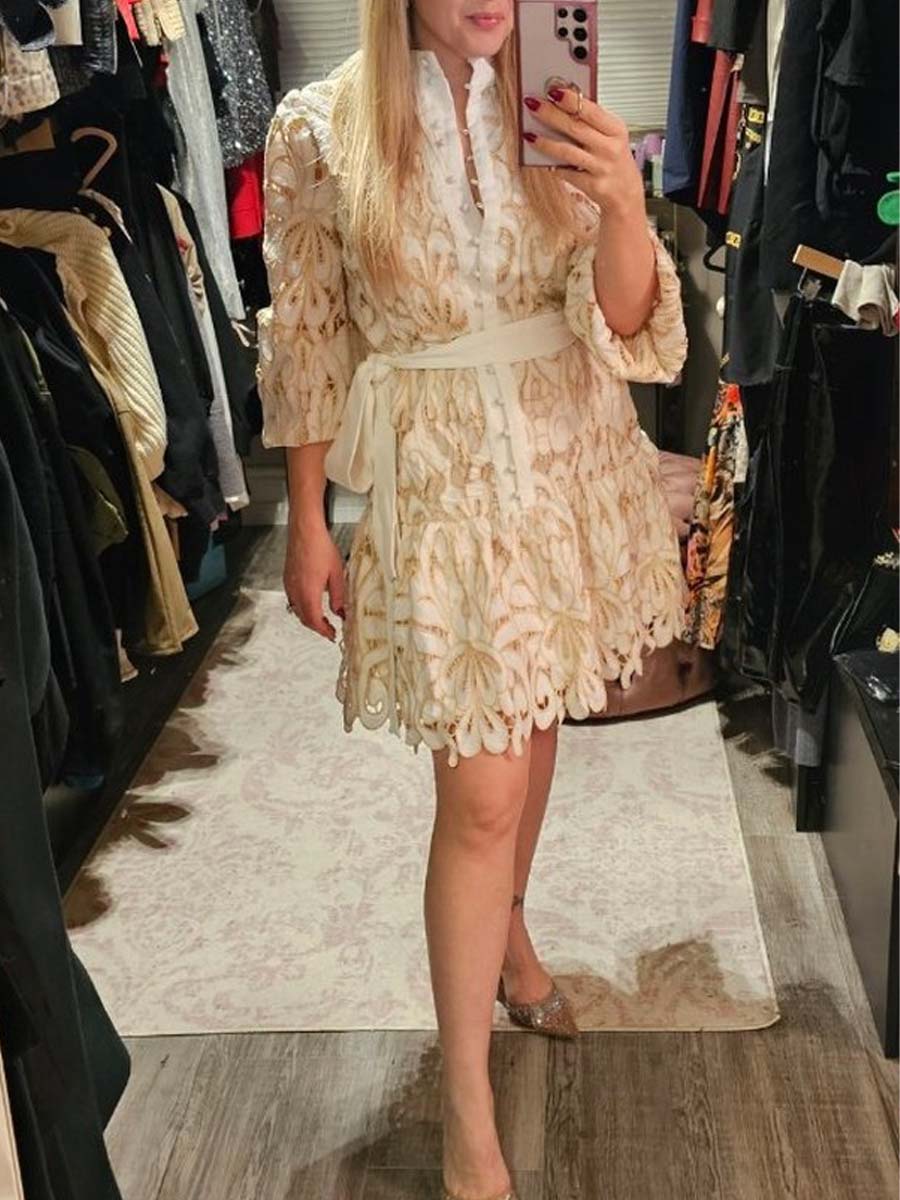 Hollow-Out Lace Embroidered Tie-Waist Dress