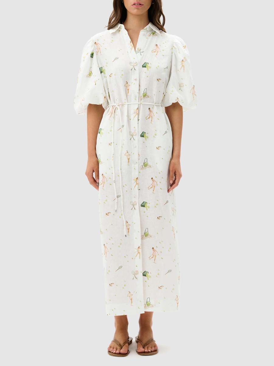 Linen Short Puff Sleeves Dress