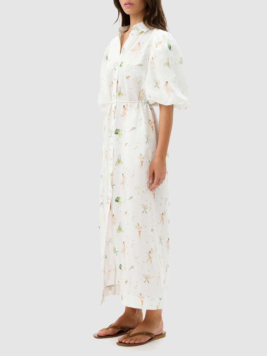 Linen Short Puff Sleeves Dress