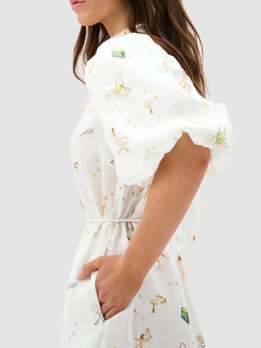 Linen Short Puff Sleeves Dress