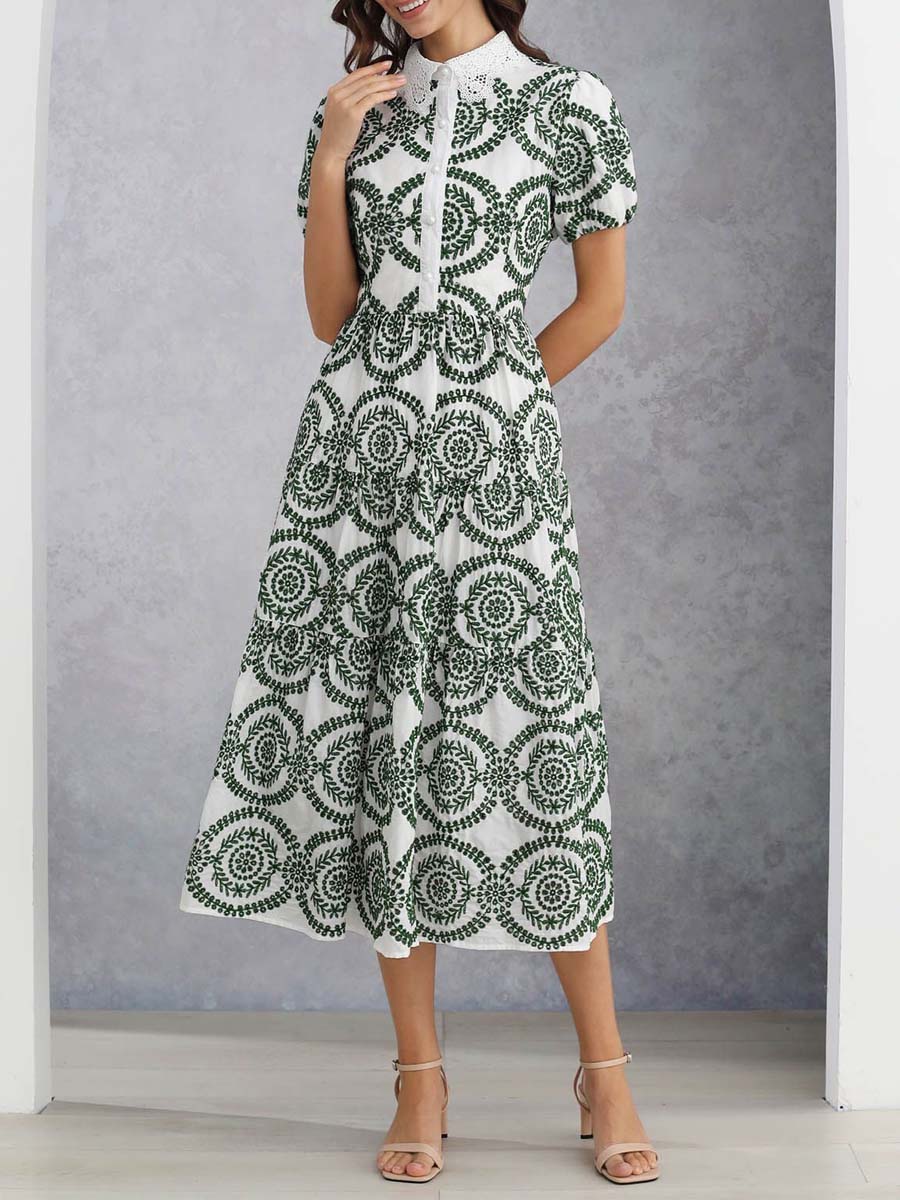 CROCHET COLLAR GREEN EMBROIDERED EYELET COTTON DRESS