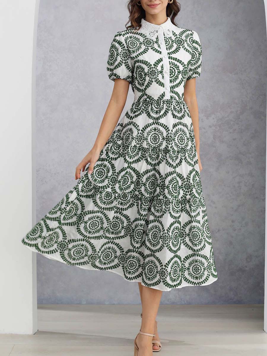 CROCHET COLLAR GREEN EMBROIDERED EYELET COTTON DRESS