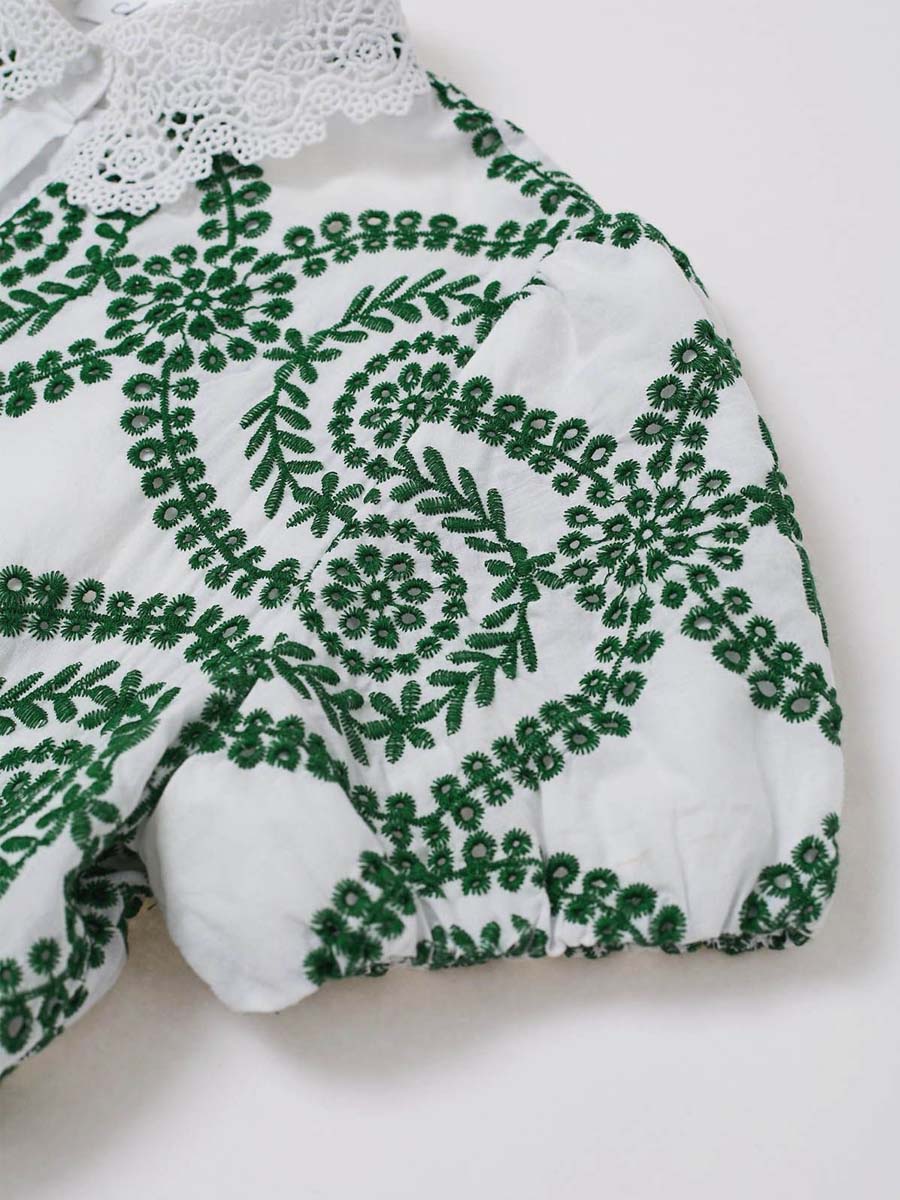 CROCHET COLLAR GREEN EMBROIDERED EYELET COTTON DRESS