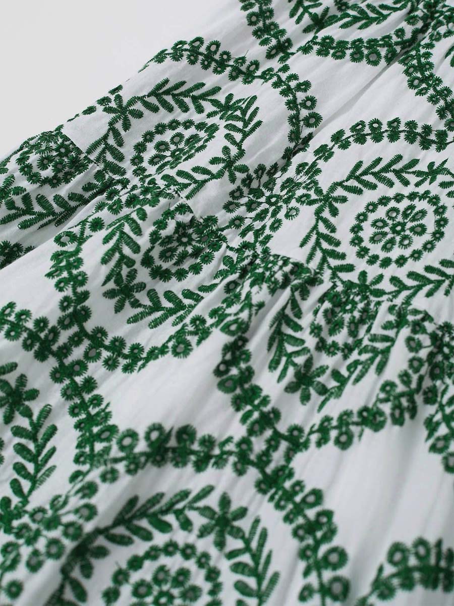 CROCHET COLLAR GREEN EMBROIDERED EYELET COTTON DRESS