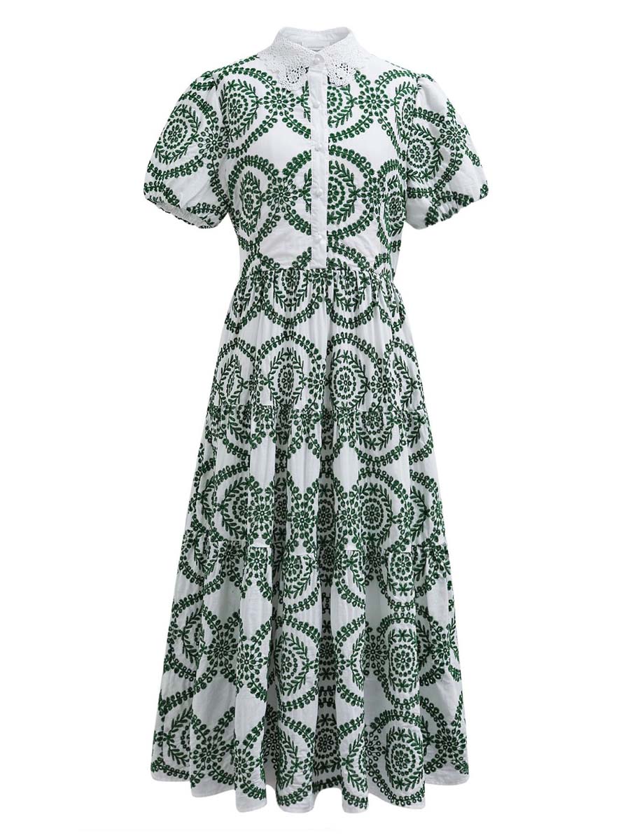 CROCHET COLLAR GREEN EMBROIDERED EYELET COTTON DRESS
