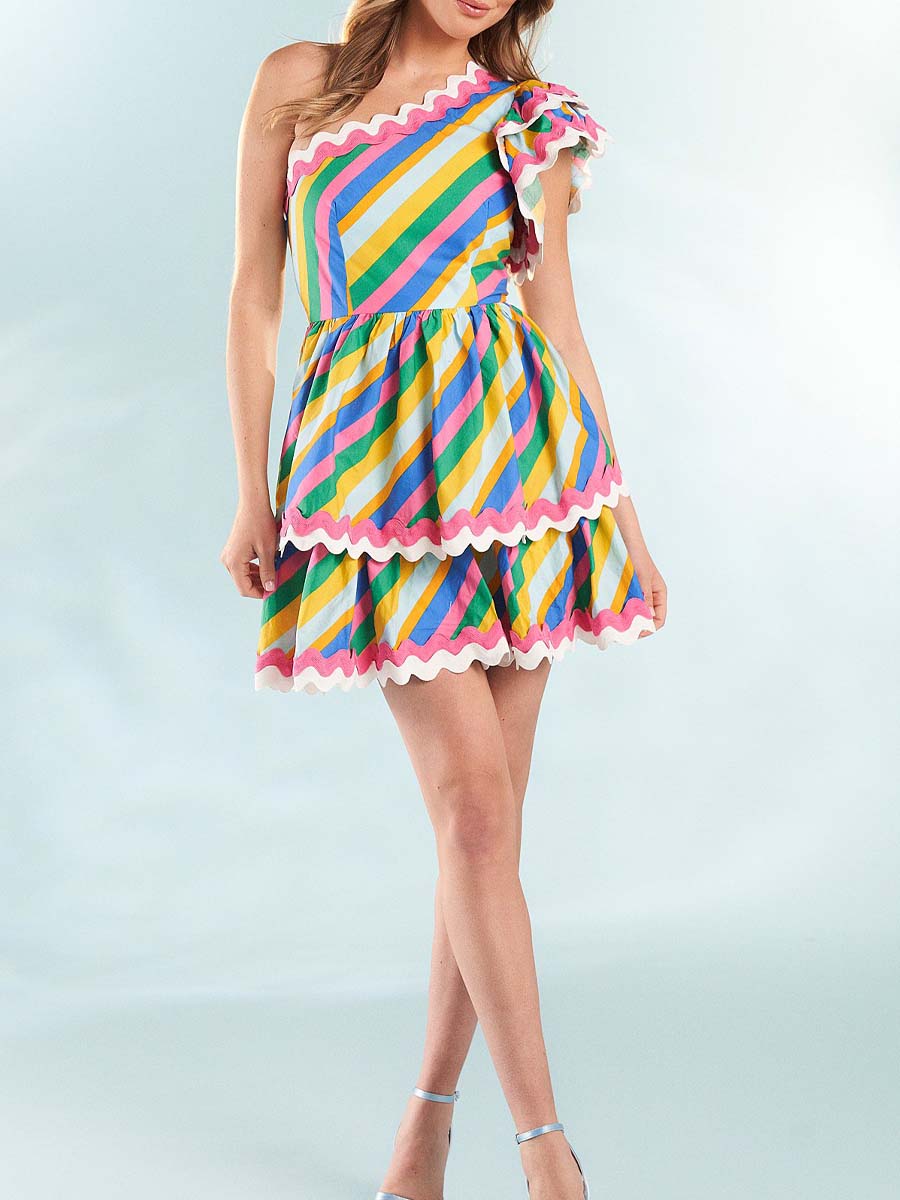 Stripe Print One Shoulder Cap Sleeve Mini Dress