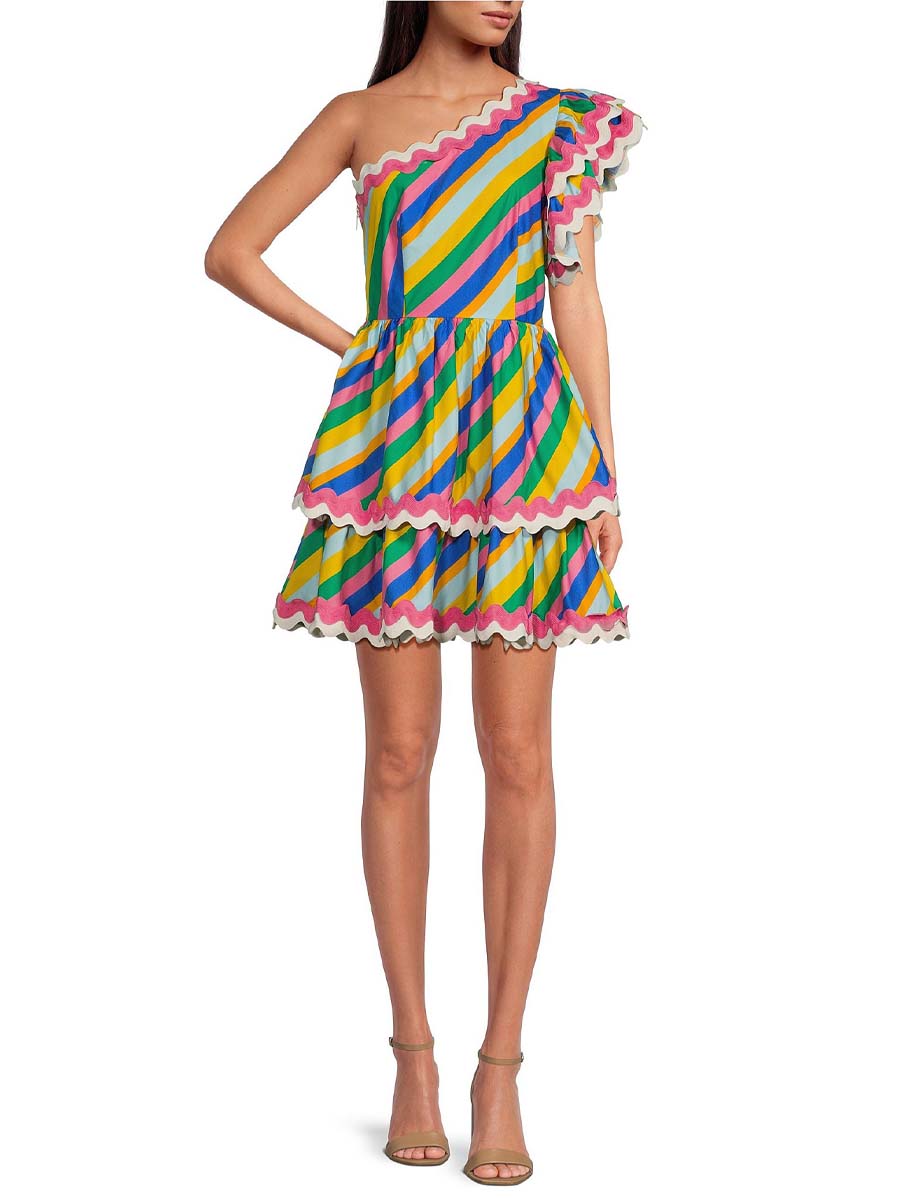 Stripe Print One Shoulder Cap Sleeve Mini Dress
