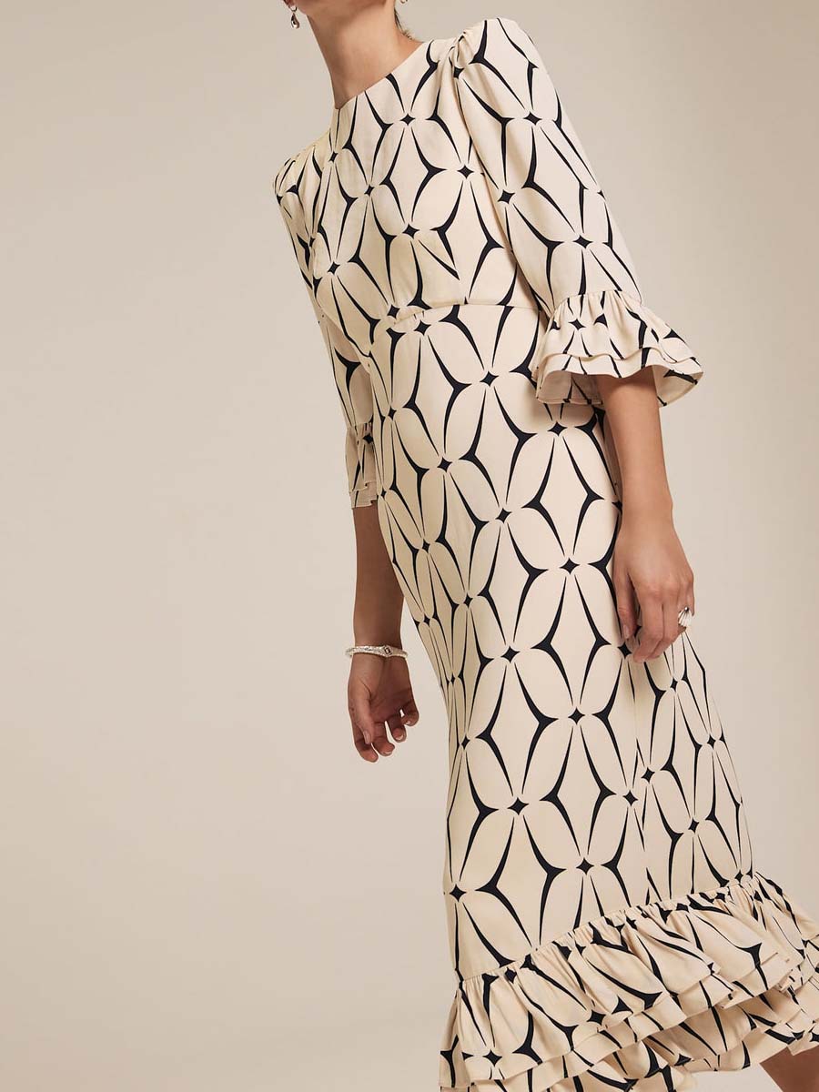 Geometric Print Ruffle Midi Dress