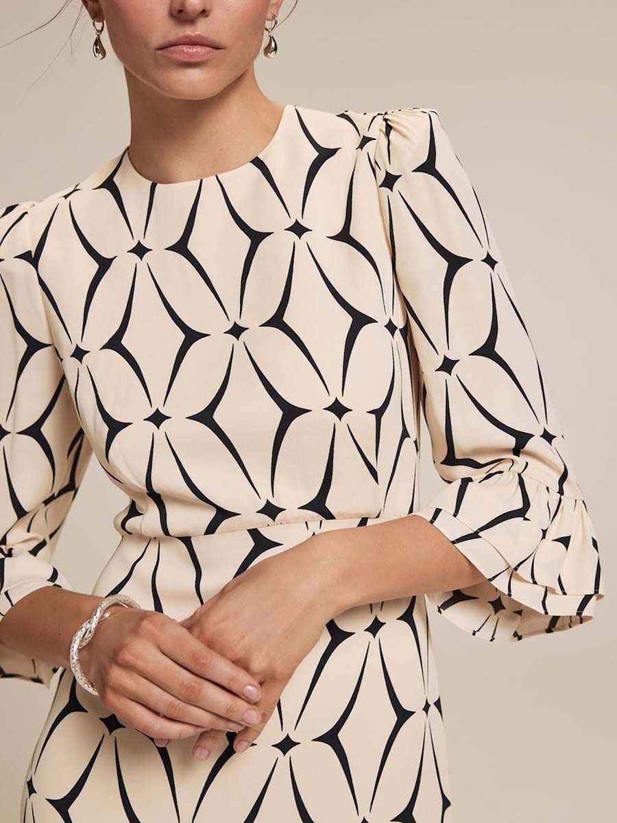 Geometric Print Ruffle Midi Dress