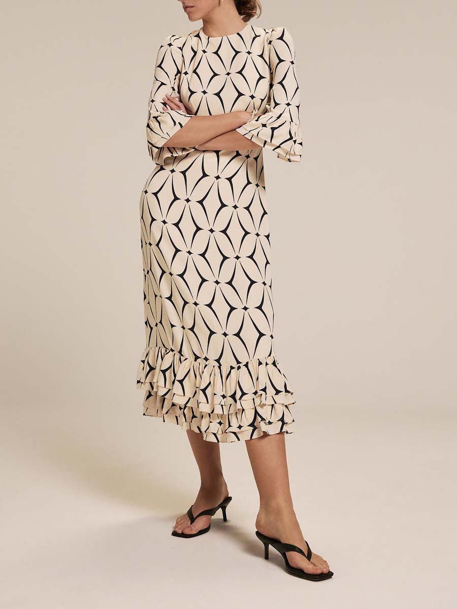 Geometric Print Ruffle Midi Dress
