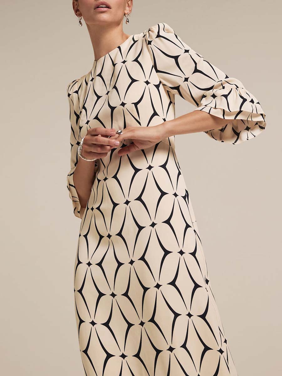 Geometric Print Ruffle Midi Dress