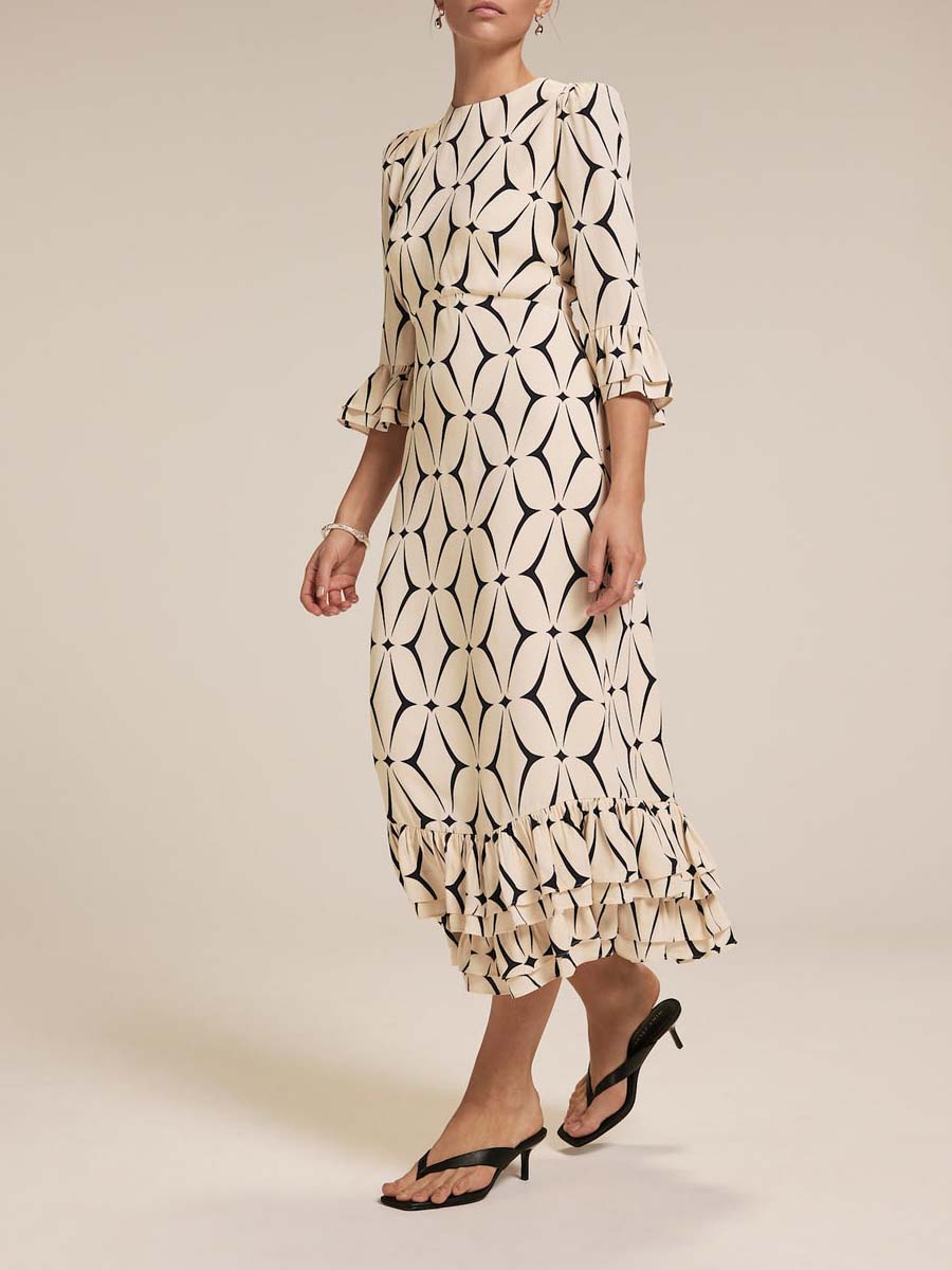 Geometric Print Ruffle Midi Dress