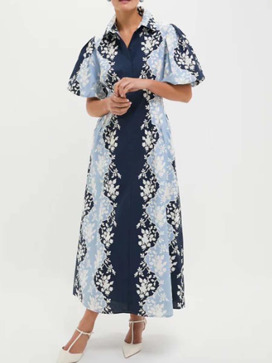 Blue Short Puff Sleeve Dress