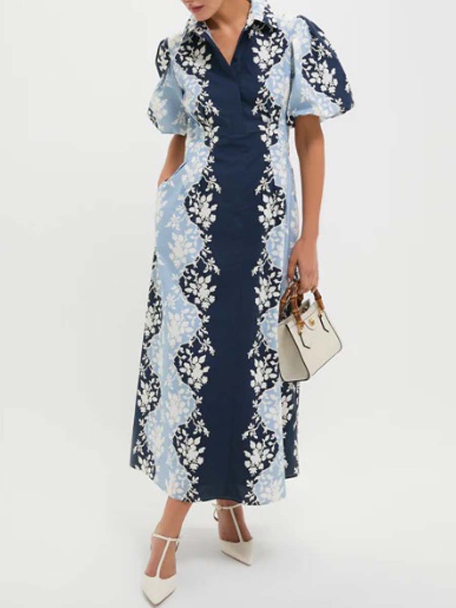 Blue Short Puff Sleeve Dress