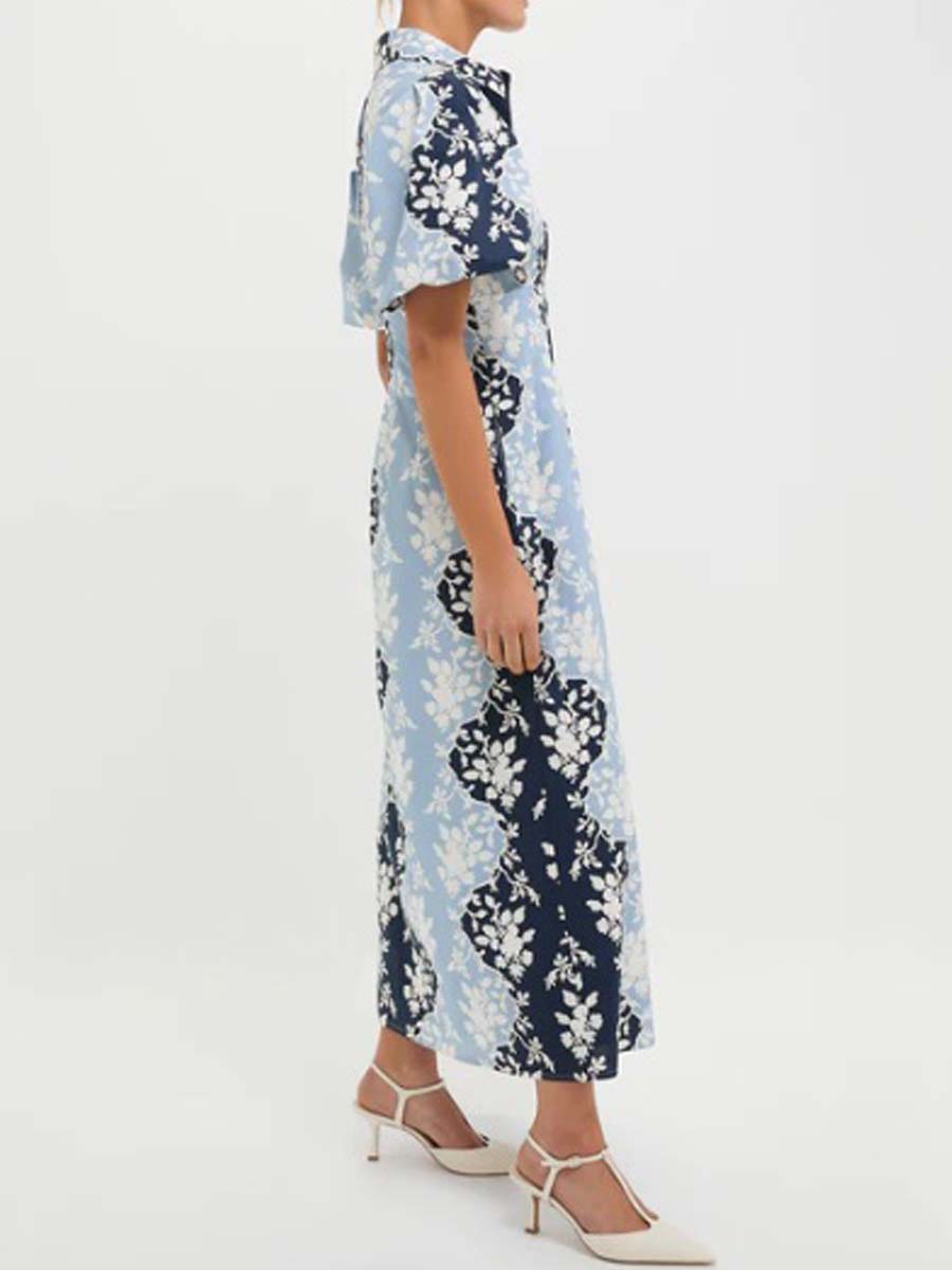 Blue Short Puff Sleeve Dress