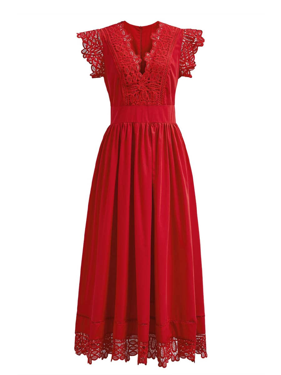 V-Neck Lace Panelled Sleeveless Maxi Dress