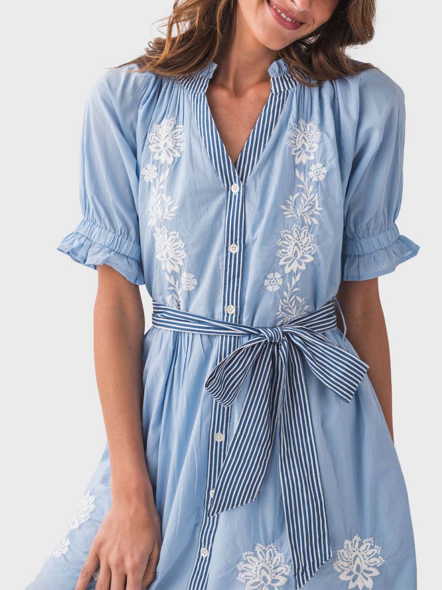 Embroidered Tie Waist Dress