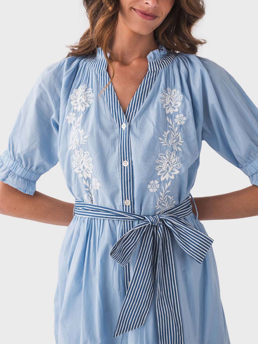 Embroidered Tie Waist Dress