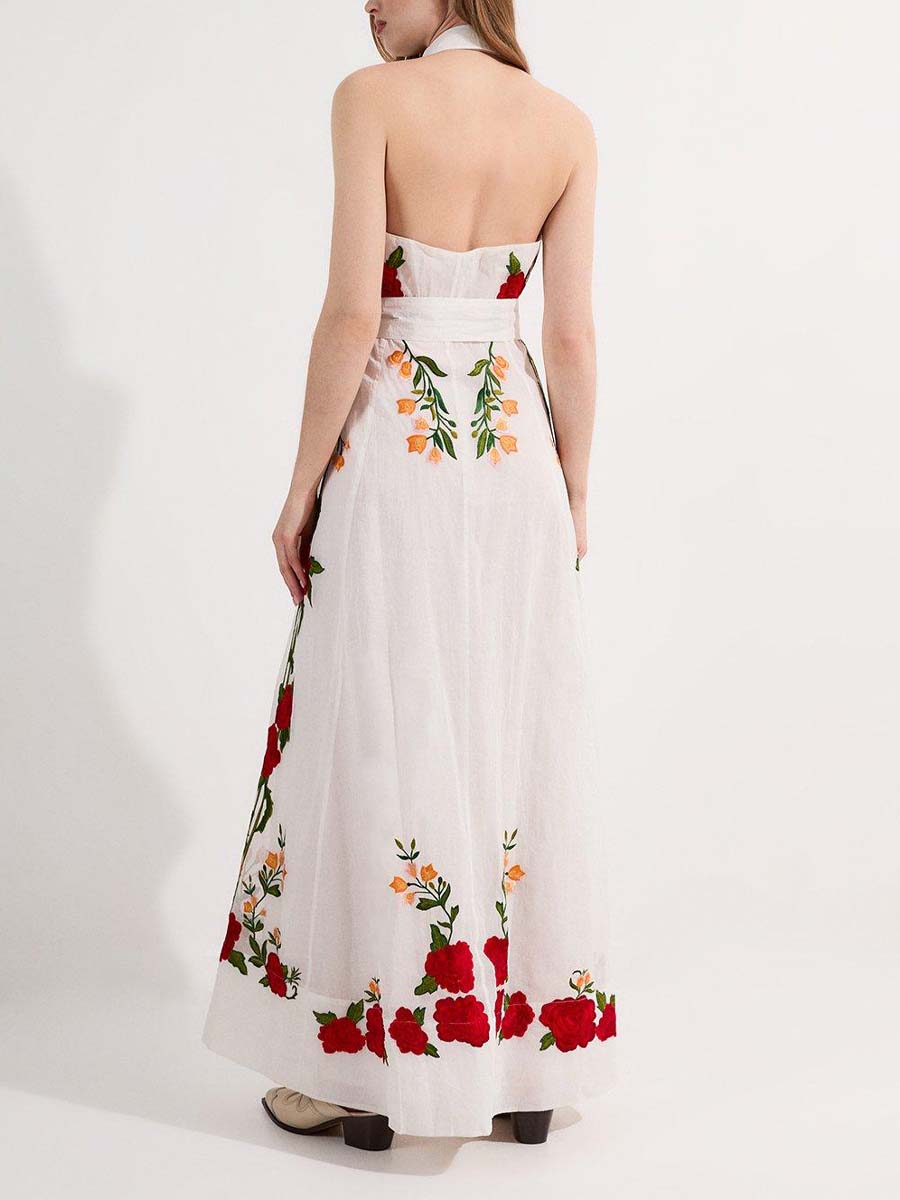 Rose Embroidered Cotton Organdie Midi Halter Dress