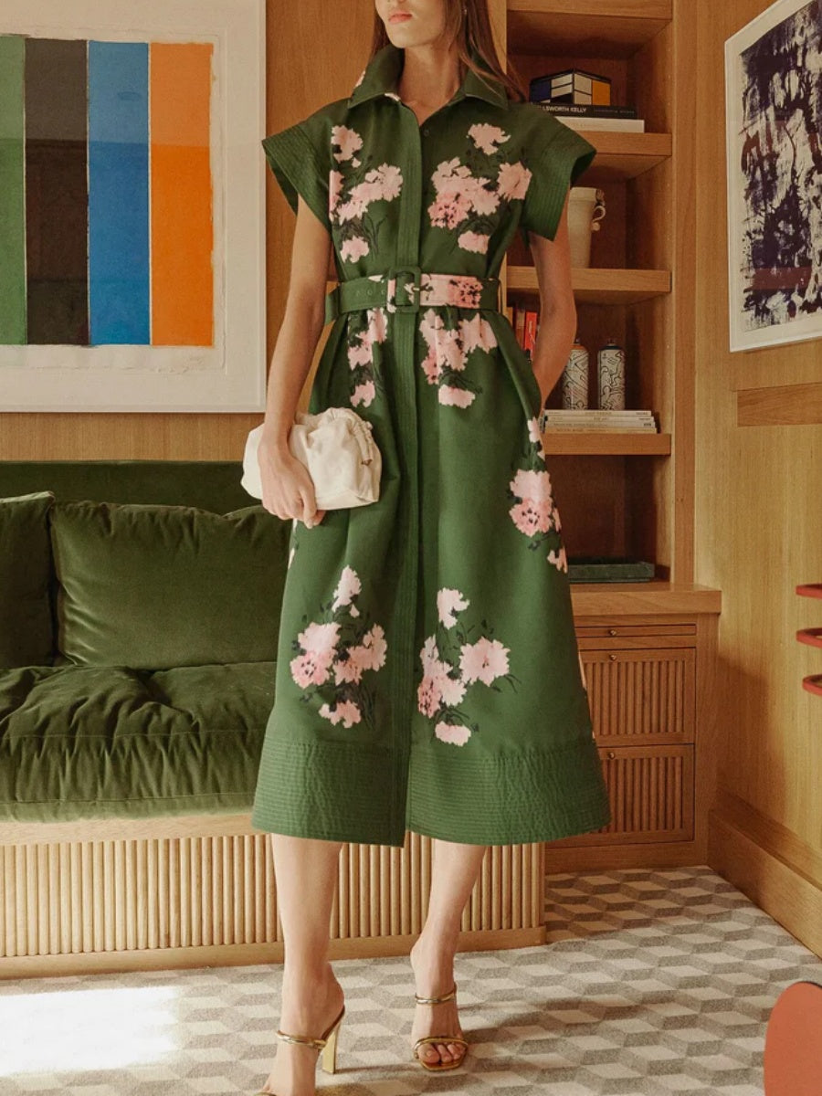 Olive and Pressed Powder Floral Dress