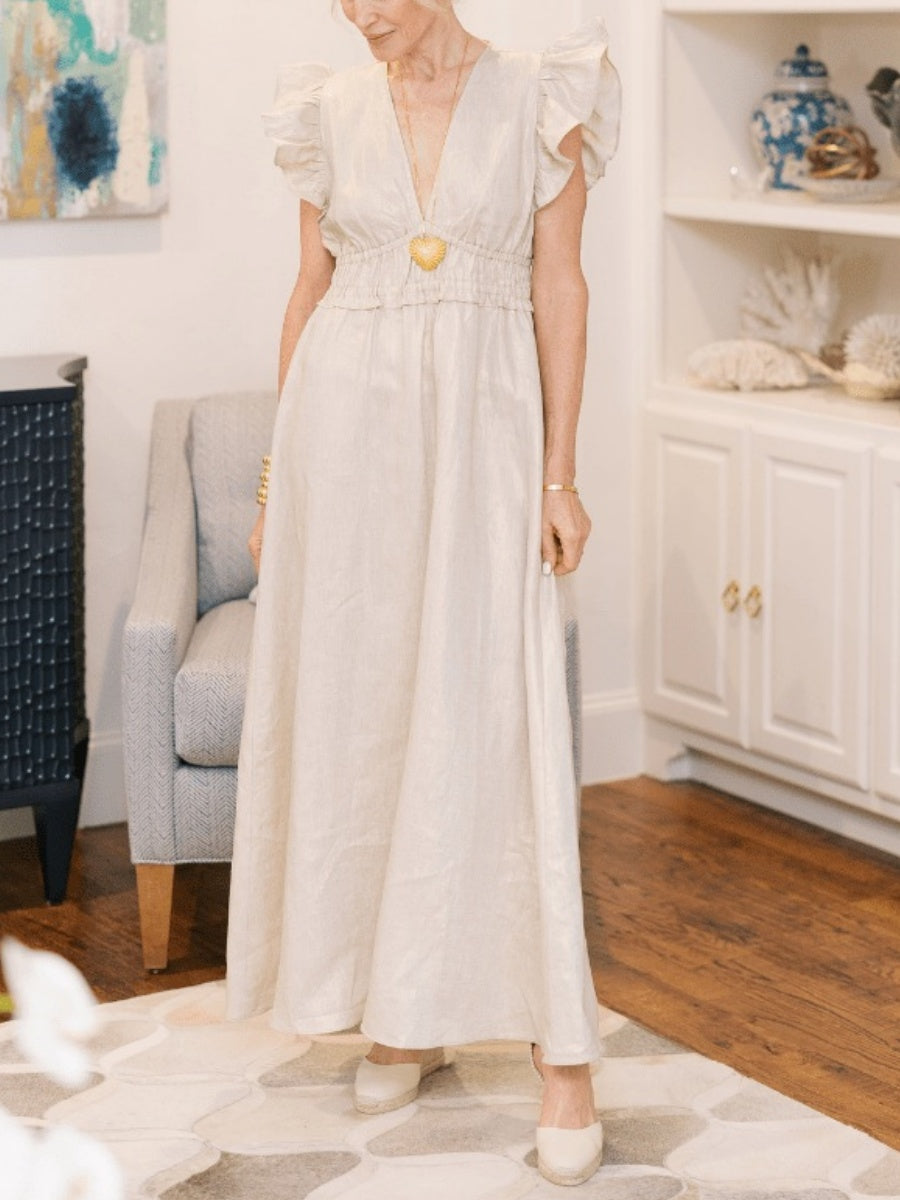 V Neck Gold Maxi Dress