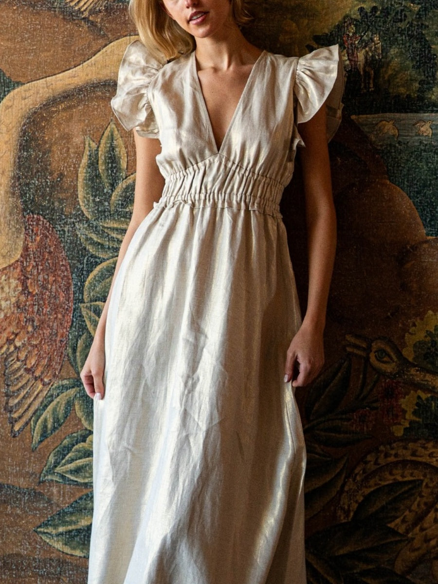 V Neck Gold Maxi Dress