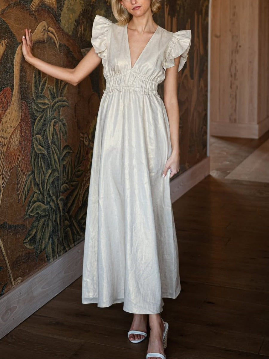 V Neck Gold Maxi Dress