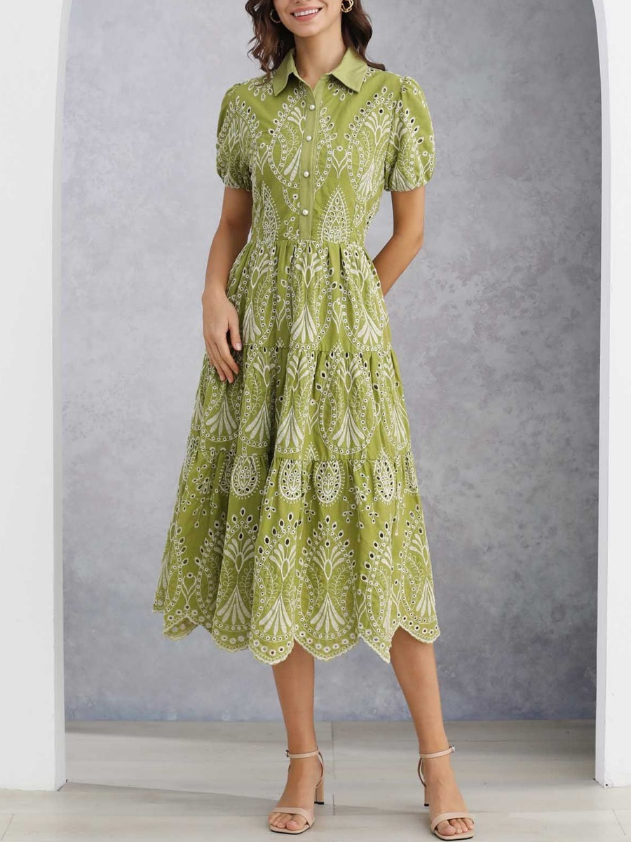 Embroidered Floral Eyelet Midi Dress