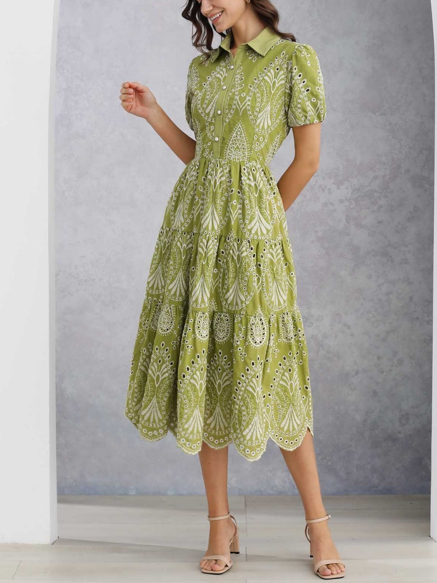 Embroidered Floral Eyelet Midi Dress